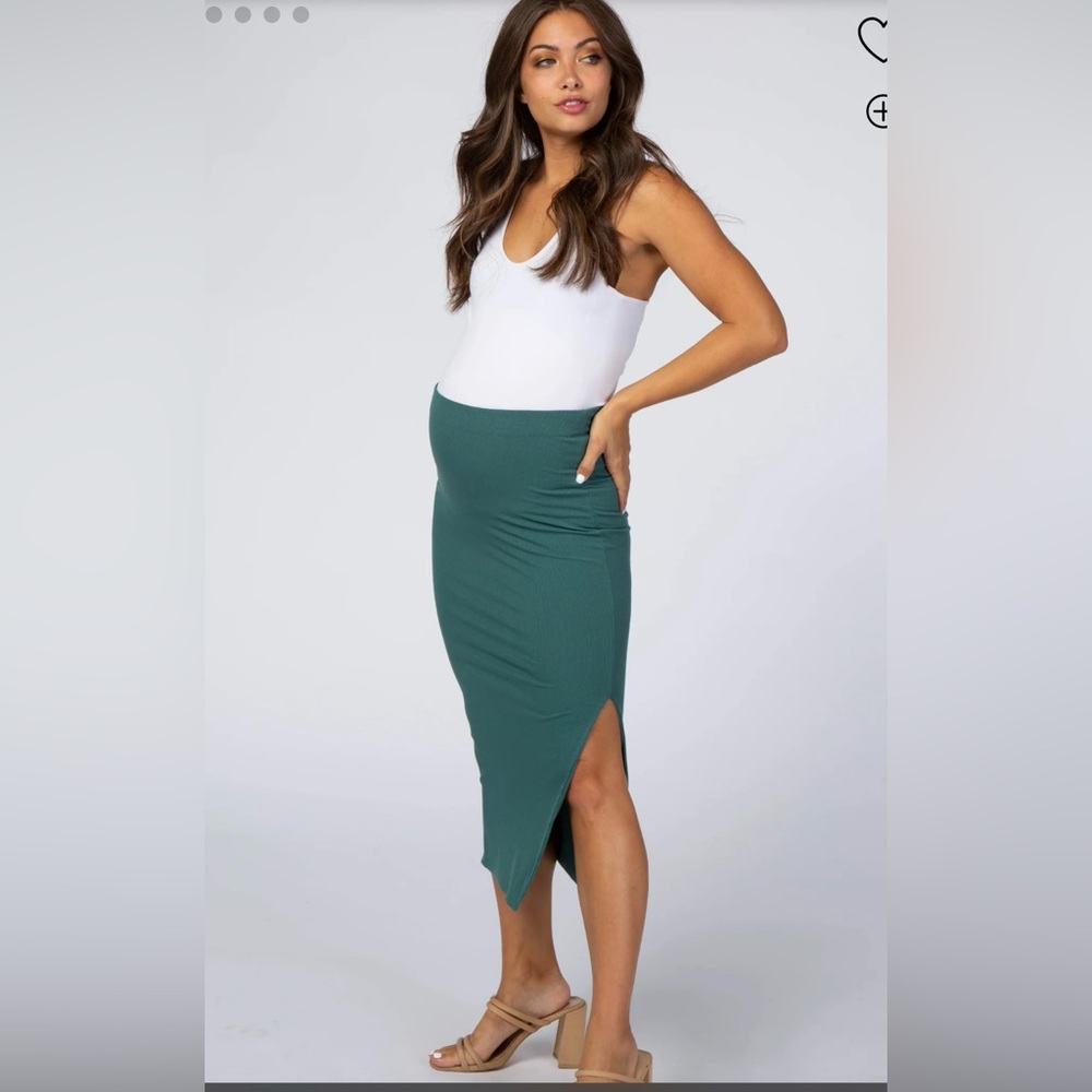 Maternity Emerald Green Ribbed Side Slit Midi Skirt